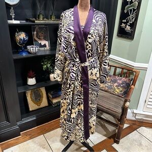 Natori Slip & Robe Set – Size L – Purple Animal Print with Adjustable Tie